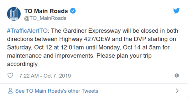 感恩节Gardiner Expressway将封闭